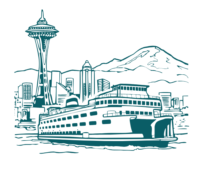 Green block print of downtown Seattle with ferry in foreground