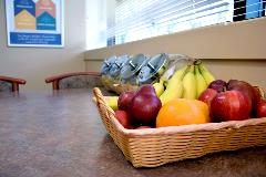 Fresh fruit, a variety of wholesome snacks, and free coffee are on-hand for an easy afternoon pick-me-up