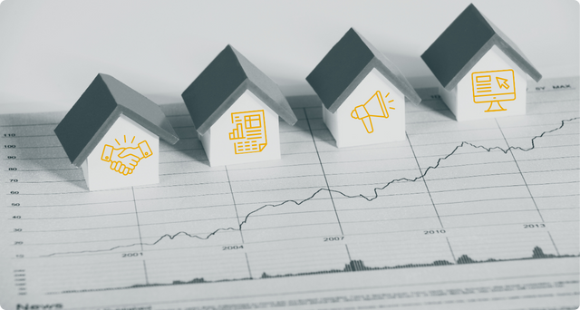 Background contains graph, foreground contains simple home with alert, news icons.