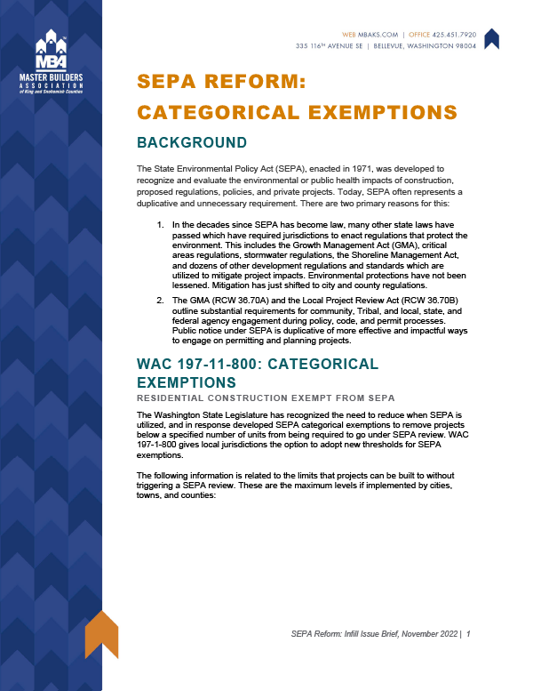 SEPA Reform: Categorical Exemptions Issue Brief
