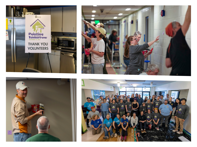 Image collage showing people volunteering to paint an admin building.