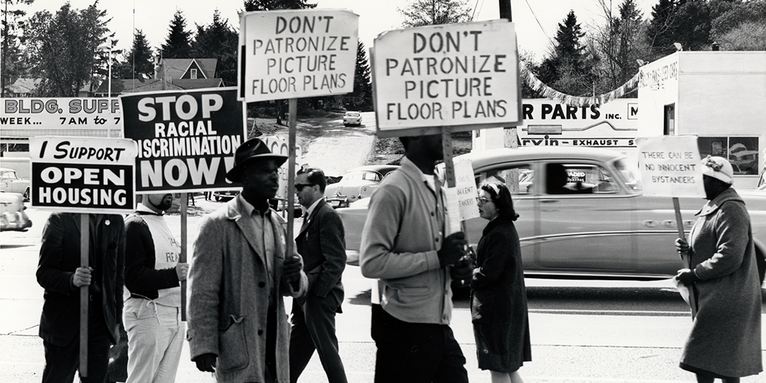 Congress of Racial Equality demonstration for open housing outside Picture Floor Plans, courtesy Seattle Municipal Archives, 63932