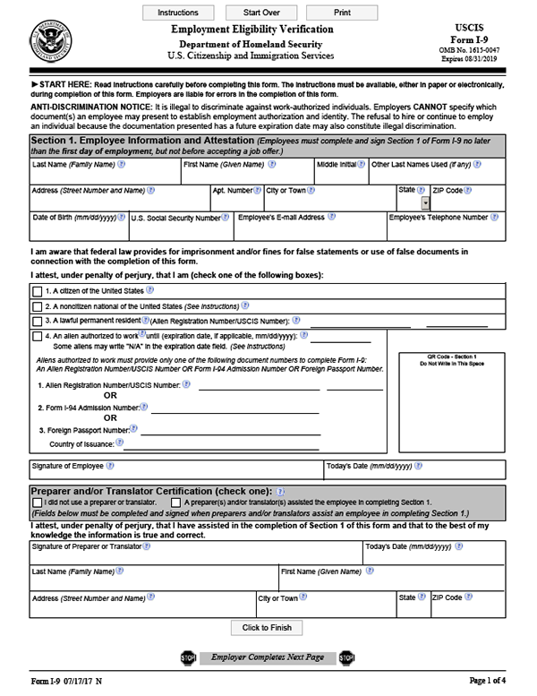 i9 Employment Eligibility Verification Form
