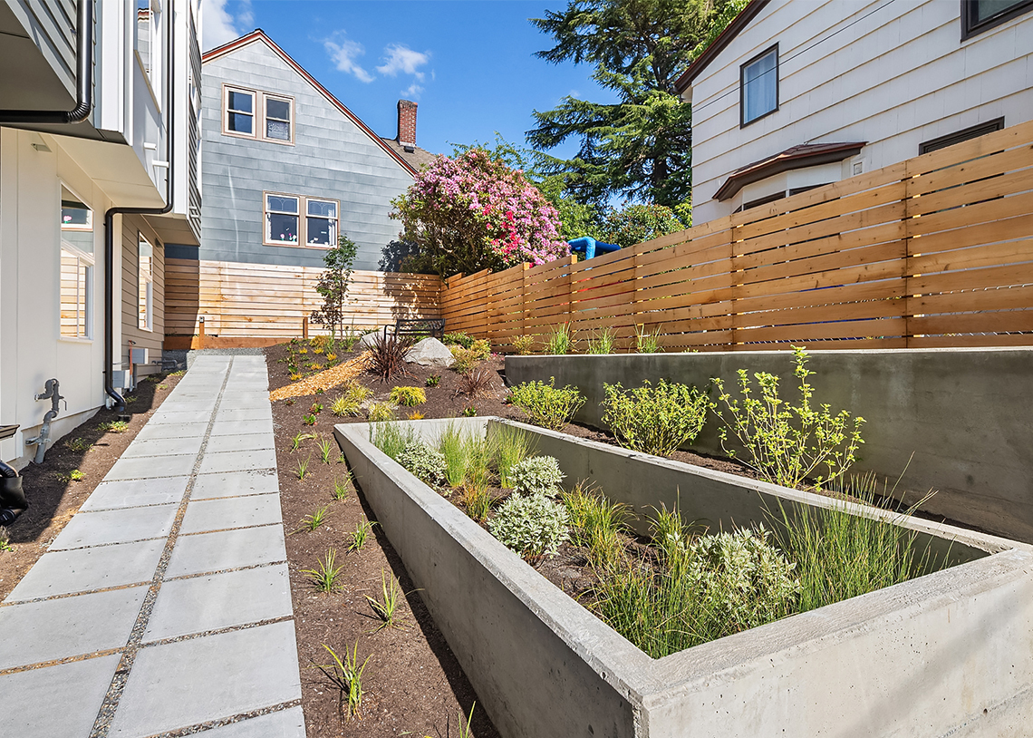 Blackwood Builders Group Built Green 4-Star Greenwood Ave. townhomes exterior landscaping, photo credit Clarity Northwest