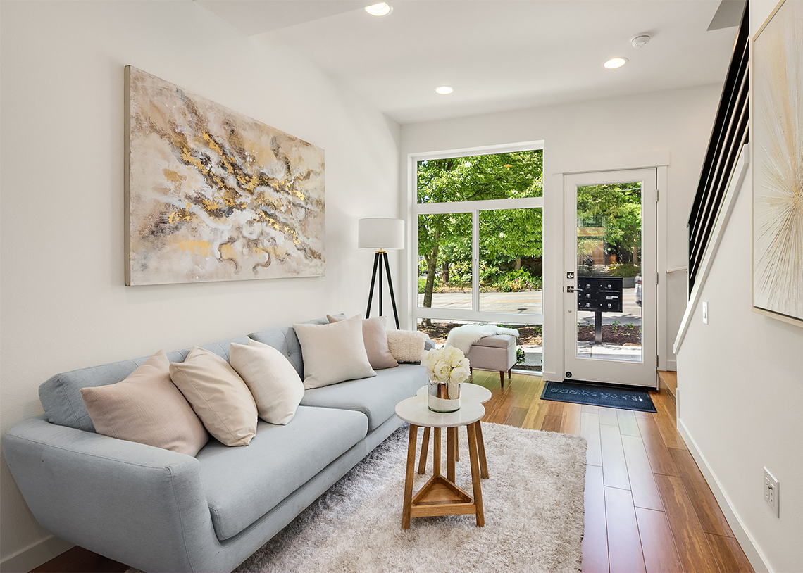 Blackwood Builders Group Built Green 4-Star Greenwood Ave. townhomes entryway and living room, photo credit Clarity Northwest