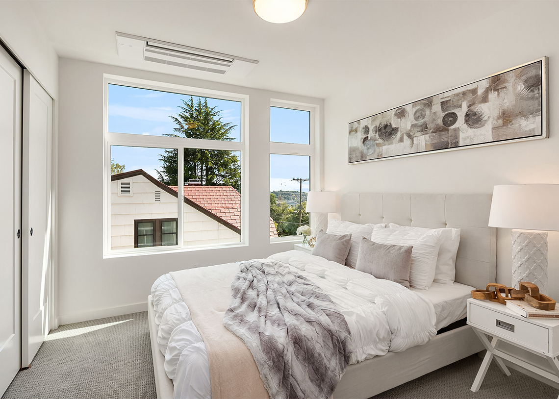 Blackwood Builders Group Built Green 4-Star Greenwood Ave. townhomes bedroom, photo credit Clarity Northwest